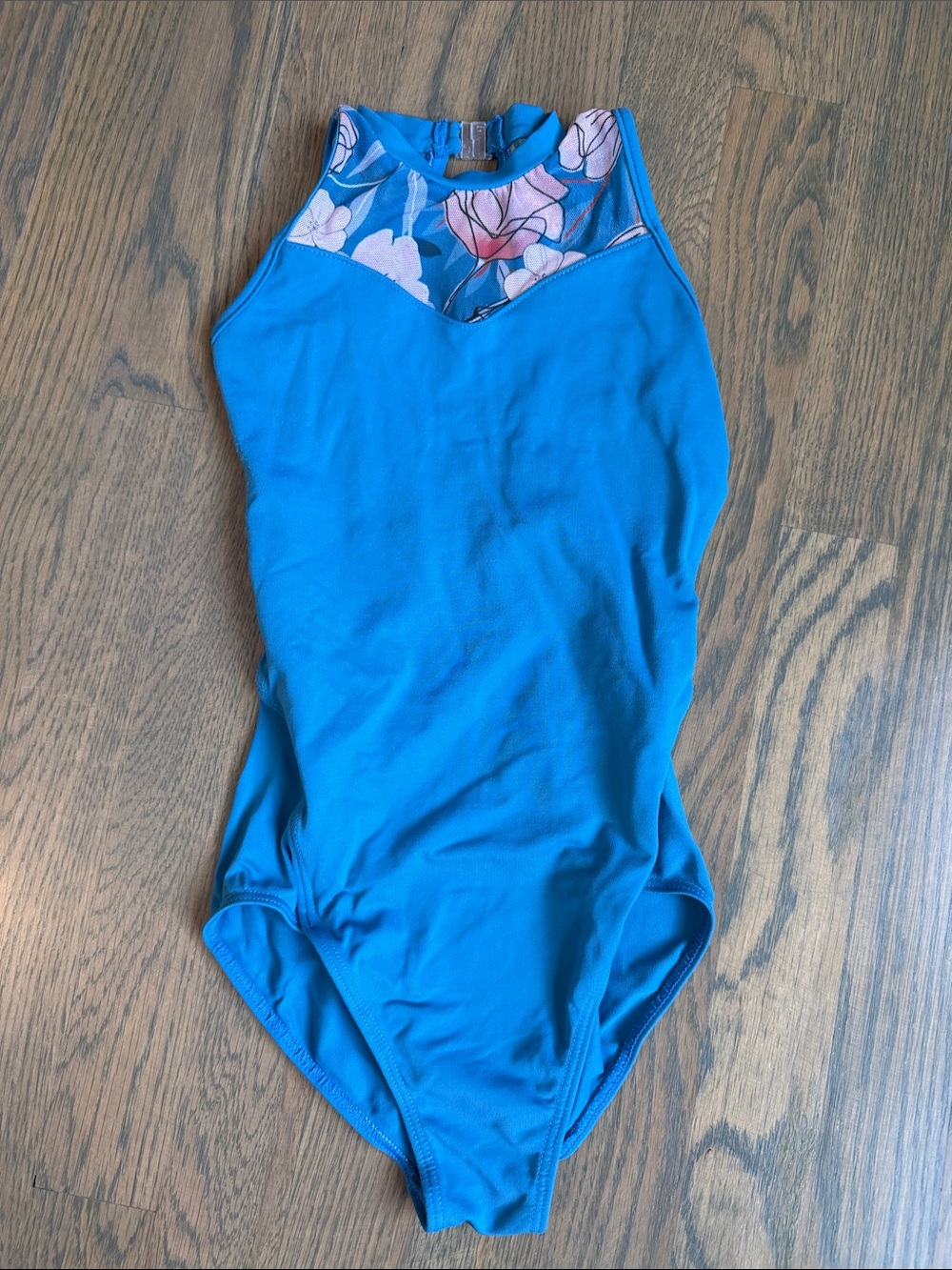 Girls Blue Floral-Trim leotard